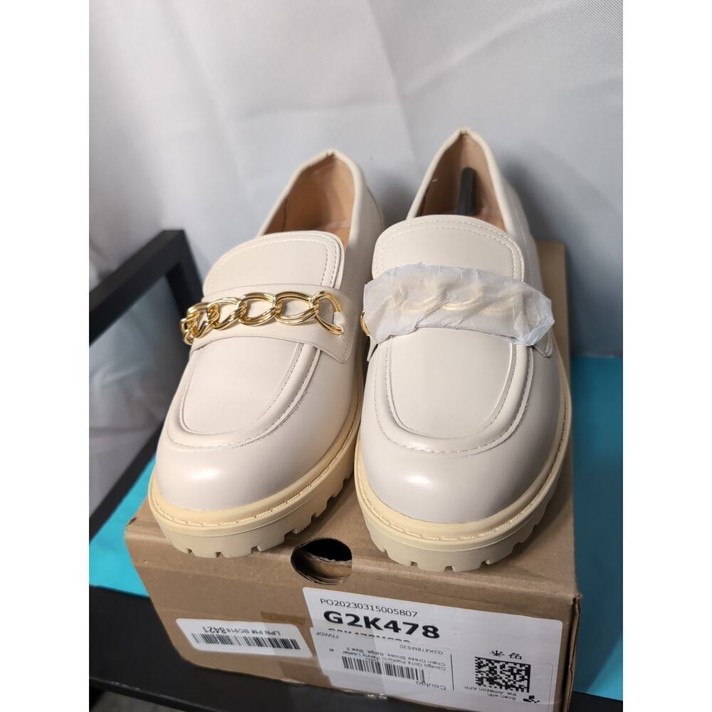 Coutgo Girls Platform Penny Loafers Chain Dress Shoes Beige Size 3